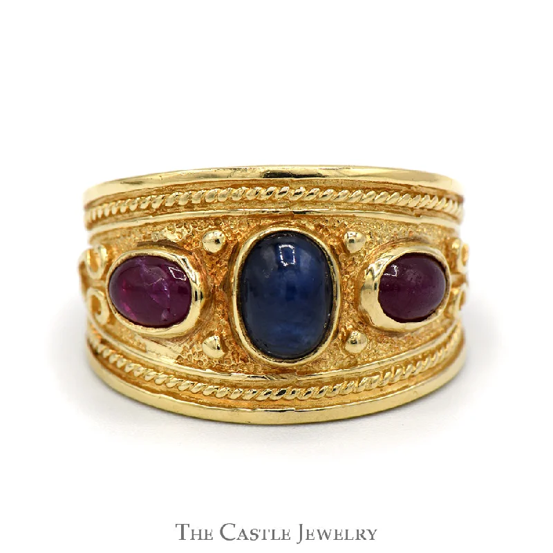 Unique Wedding Ring Set for Men-Bezel Set Cabochon Sapphire and Ruby Band with Engraved Ornate Detailing in 10k Yellow Gold