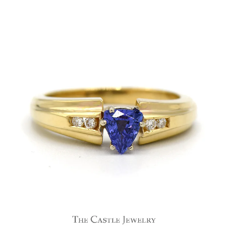 Classic Silver Wedding Ring-Trillion Cut Tanzanite Ring with Channel Set Diamond Accents in 14k Yellow Gold