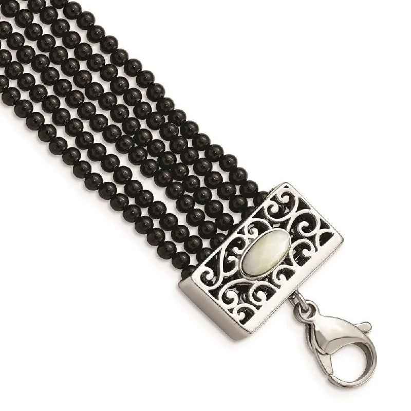 Unique Silver Bracelet-Stainless Steel Polished MOP/Black Onyx w/1.50in ext Bracelet