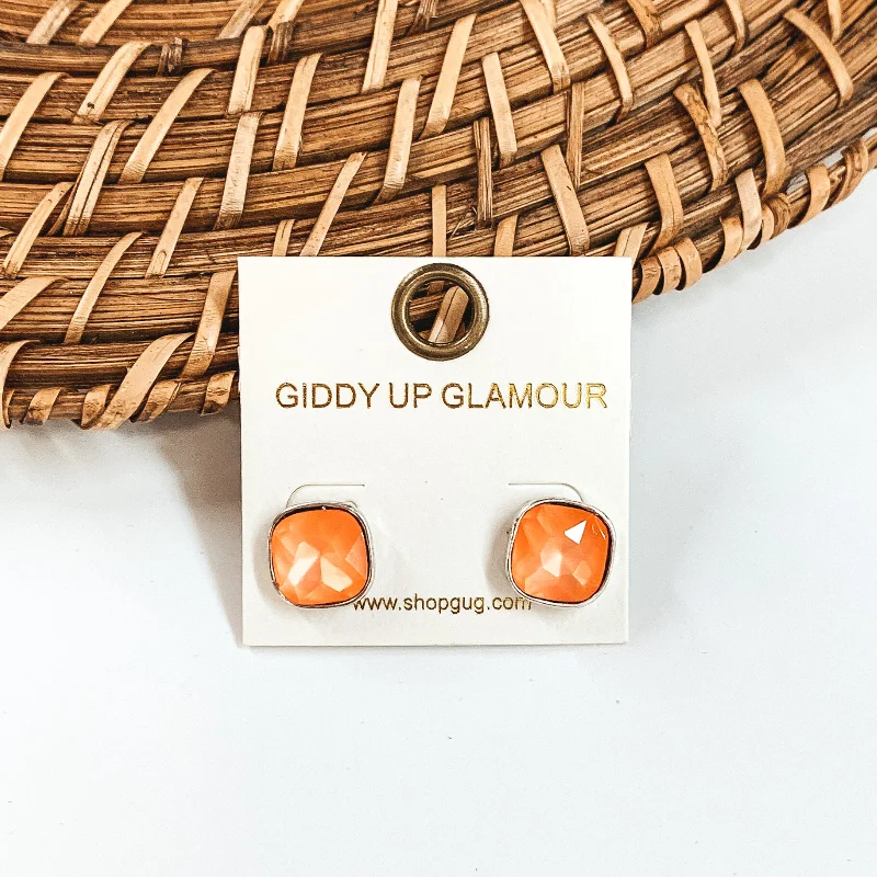 Funky Earrings for Teens-Silver Tone Square Stud Earrings with Crystals in Orange