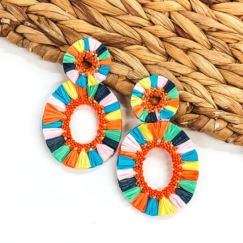 Cute Butterfly Earrings-Siesta Keys Raffia Wrapped Open Oval Earrings in Multicolored