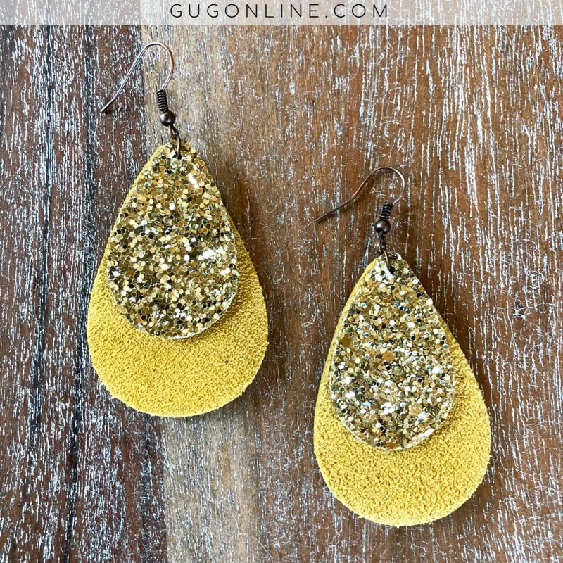 Trendy Silver Earrings-Small Leather Teardrop Earrings with Gold Glitter Accent in Mustard