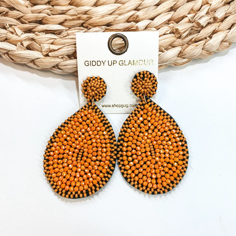 Silver Stud Earrings-Crystal Beaded Circle Post Earrings with Large Teardrop Dangle in Orange