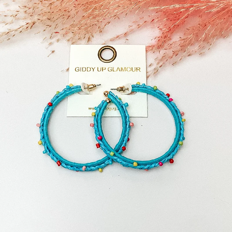 Minimalist Silver Earrings-Summer Love Raffia Braided Hoop Earrings with Multicolor Beads in Aqua