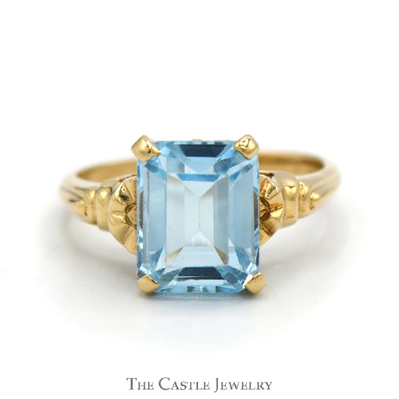 Silver Promise Ring-Emerald Cut Blue Topaz Ring with Textured Sides in 10k Yellow Gold