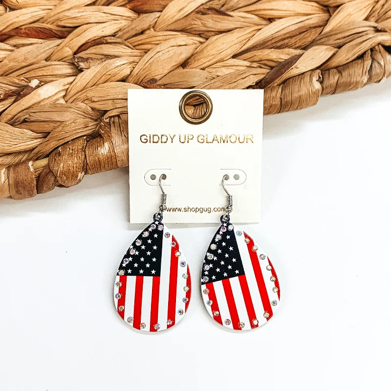 Wedding Earrings with Silver-American Flag Metal Teardrop Earrings with Crystals