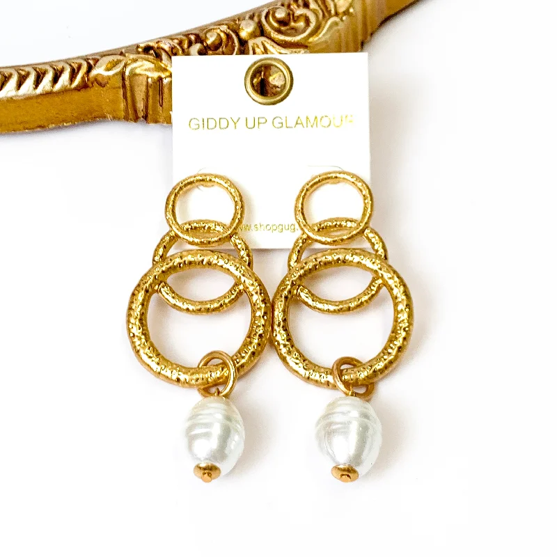 Trendy Dangle Earrings-Gold Tone Multi Circle Earrings with Pearl Pendants