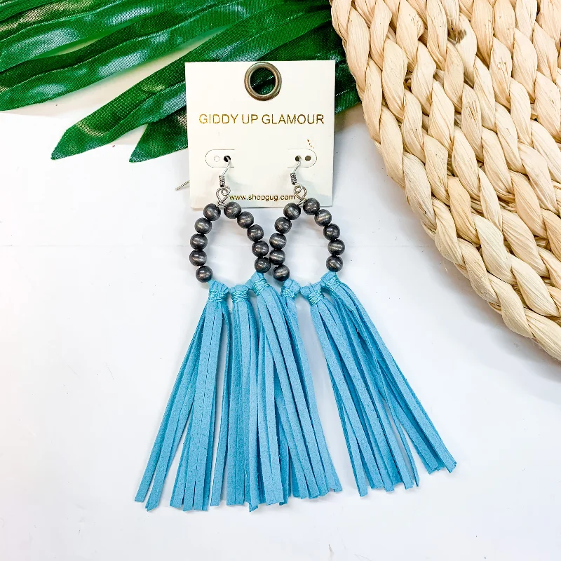 Gemstone Hoop Earrings-Feelin' Fabulous Navajo Teardrop Earrings With Leather Tassels in Turquoise