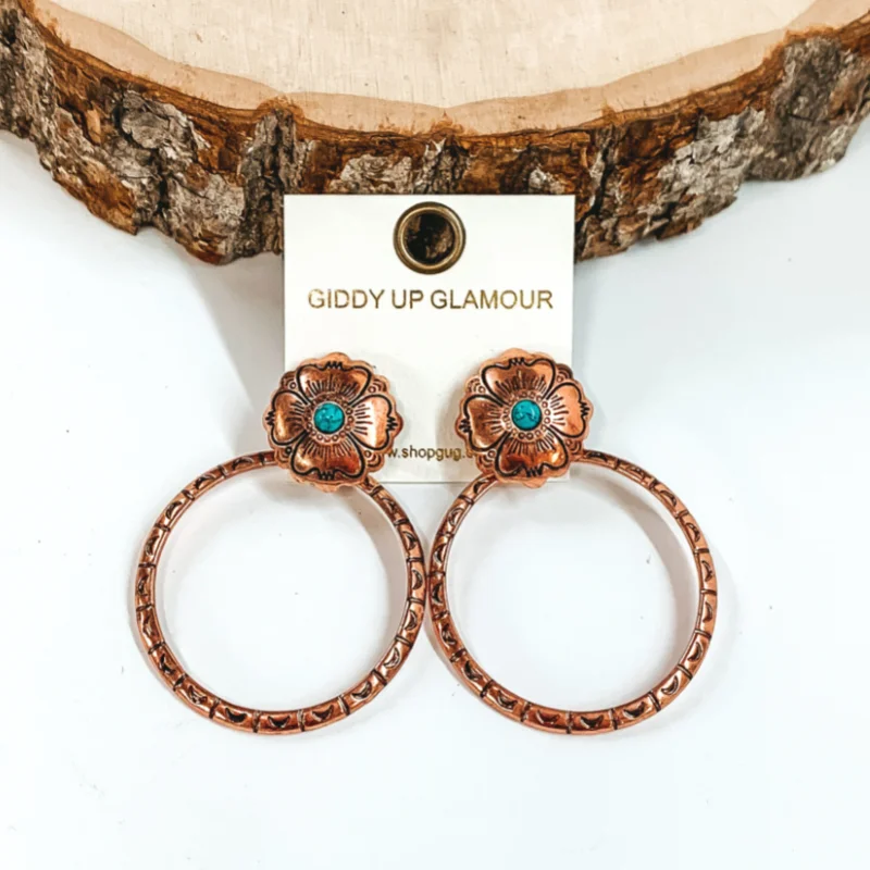 Crystal Hoop Earrings-Copper Tone Flower Post Earrings and Open Circle Drop Pendant with Turquoise Center Stone