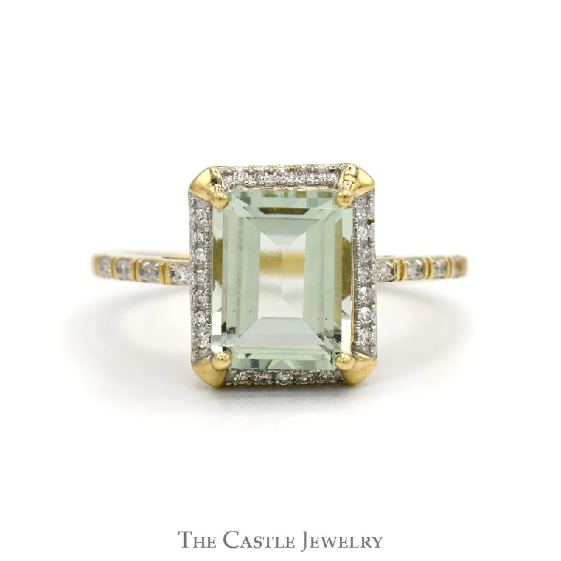 Wedding Ring Set with Sapphire-Emerald Cut Green Quartz Ring with Diamond Halo & Accented Sides in 10k Yellow Gold