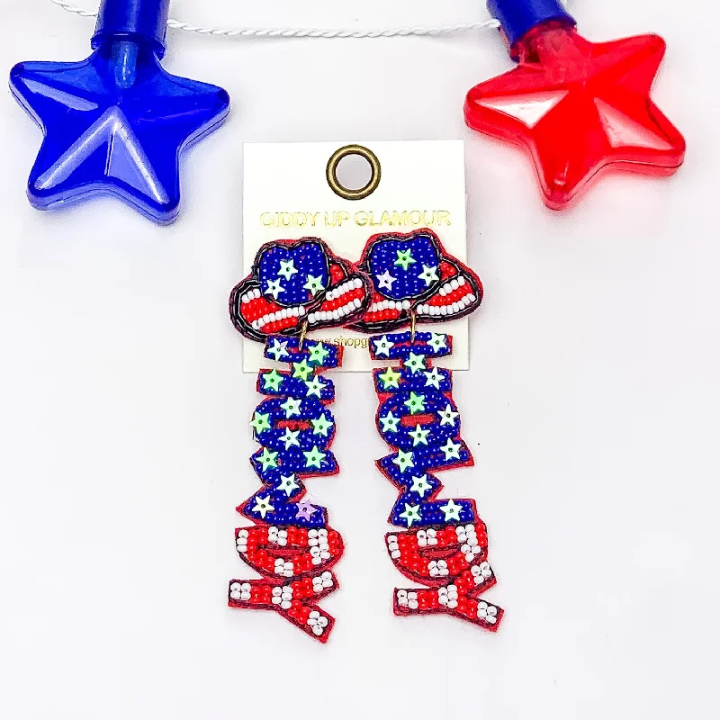 Simple Silver Drop Earrings-HOWDY Beaded Drop Earrings in Red, White, and Blue