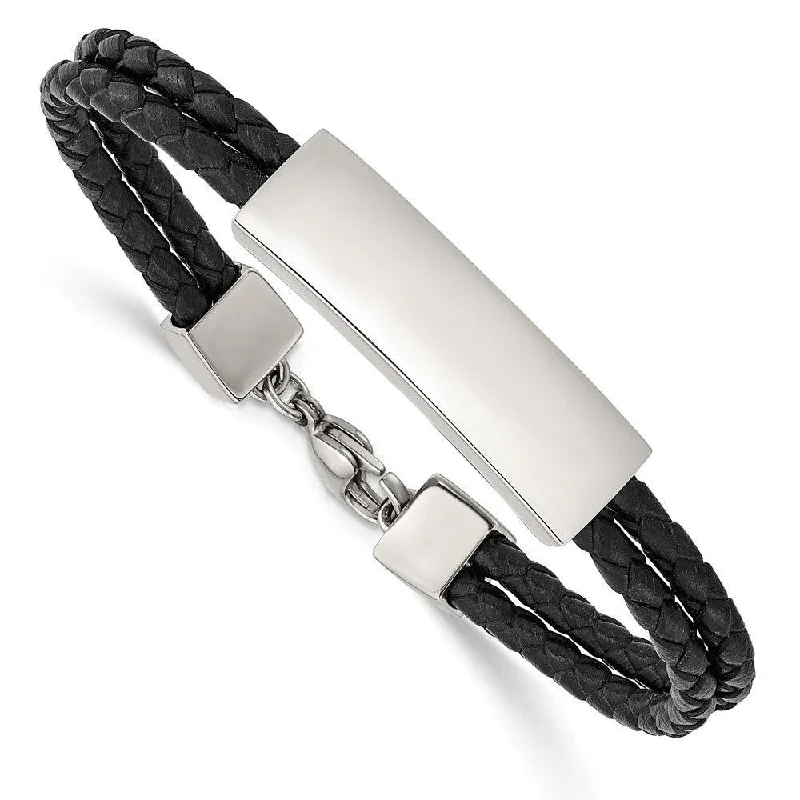 Unique Pearl Bracelet-Stainless Steel Polished Black Leather 2 Strand 7in ID Bracelet