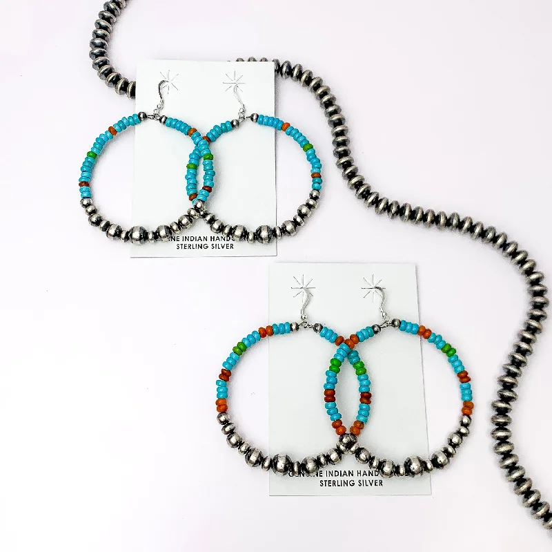 Colorful Drop Earrings for Women-Navajo | Navajo Handmade Sterling Silver Navajo Pearl Hoop Earrings with Turquoise, Brown, and Green Beads