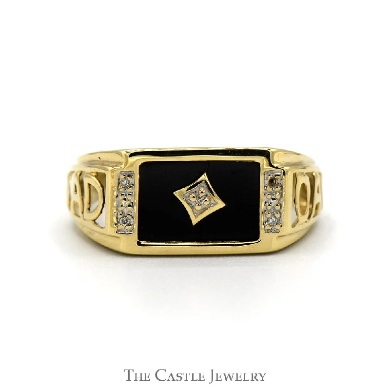 Birthstone Wedding Ring-Rectangle Shaped Black Onyx "DAD" ring with Diamond Accents in 10k Yellow Gold