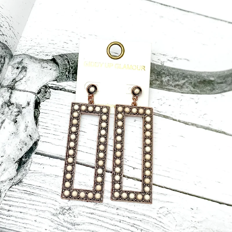 Luxury Earrings for Wedding-Copper Tone Rectangular Drop Earrings With Stones in Ivory