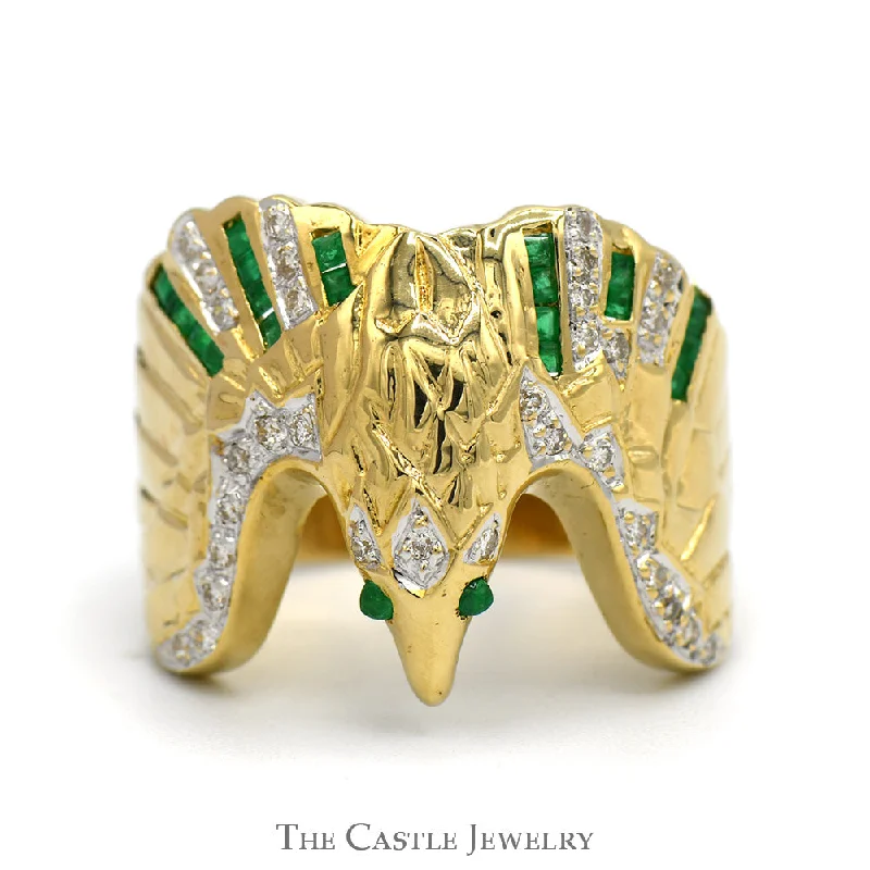 Elegant Diamond Ring-Diamond & Emerald Eagle Ring in 18k Yellow Gold