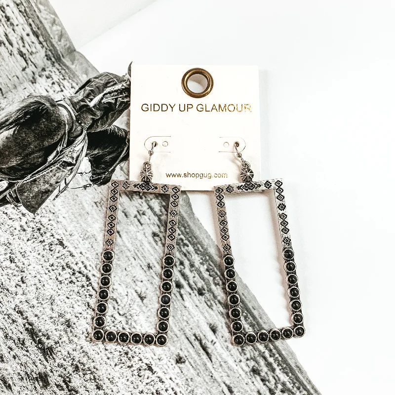 Sparkling Drop Earrings-Silver Tone Open Rectangle Earrings with Black Stones and Engraving