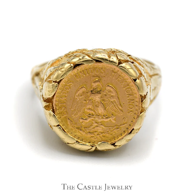 Luxury Wedding Band-Mexican Dos Pesos Coin Ring with Leaf Designed Textured Mounting in 14k Yellow Gold