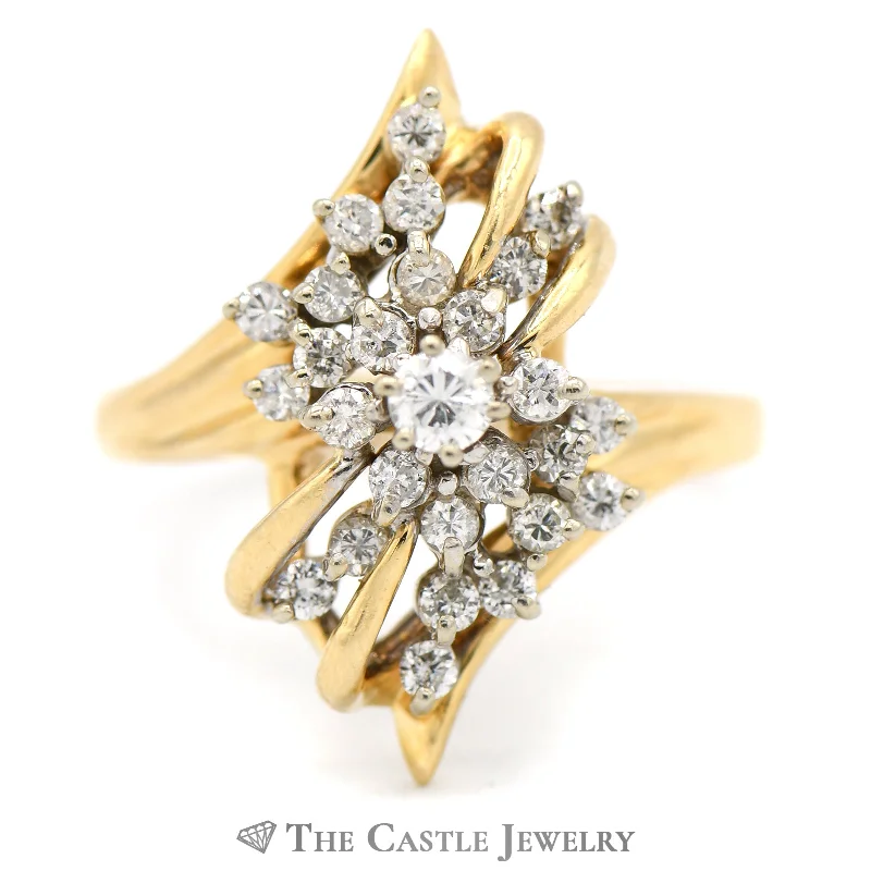 Custom Vintage Engagement Ring-3/4cttw Diamond Cluster Bypass Ring in 14k Yellow Gold