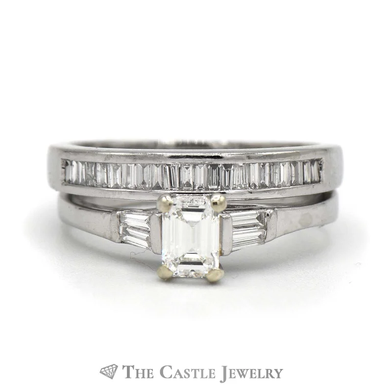 Personalized Diamond Ring-Emerald Cut Diamond Engagement Ring and Diamond Band Bridal Set in Platinum