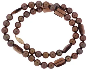 Silver Necklace for Special Occasions-18" Chocolate Potato Pearl Necklace w/ Smoky Square Beads (SKU: 190282)