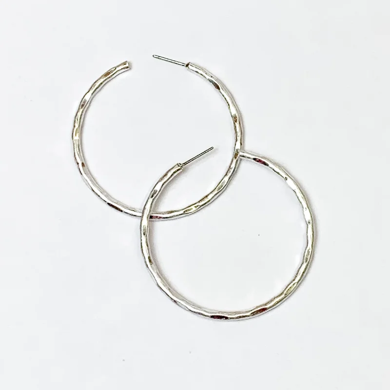 High-End Wedding Earrings-Medium Hammered Hoops in Silver Tone