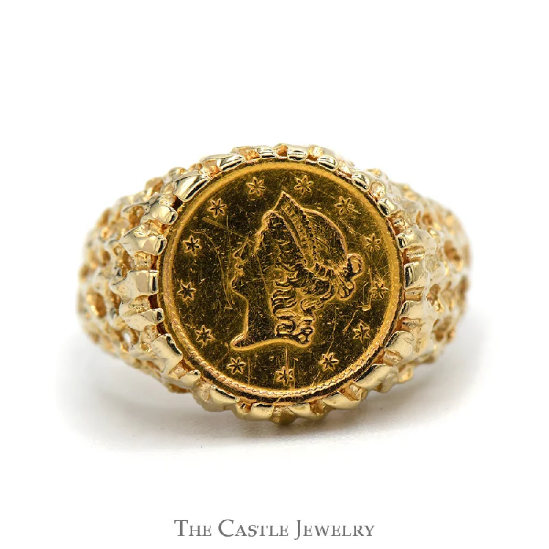 Unique Wedding Ring Set for Men-1850 One Dollar Gold Liberty Coin Ring in 10k Yellow Gold Nugget Designed Mounting