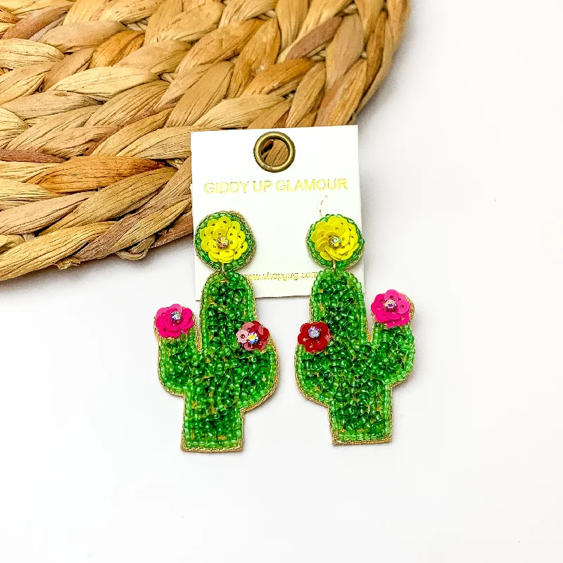 Customizable Earrings-Beaded Cactus Earrings With Multicolor Flowers in Green