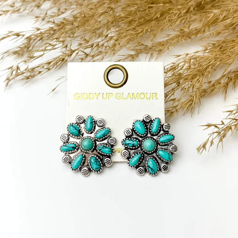 Casual Earrings for Women-Faux Turquoise Flower Cluster Stud Earrings in Silver Tone