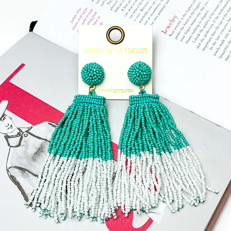 Crystal Earrings for Women-Two Toned Beaded Tassel Fringe Earrings in Turquoise and White