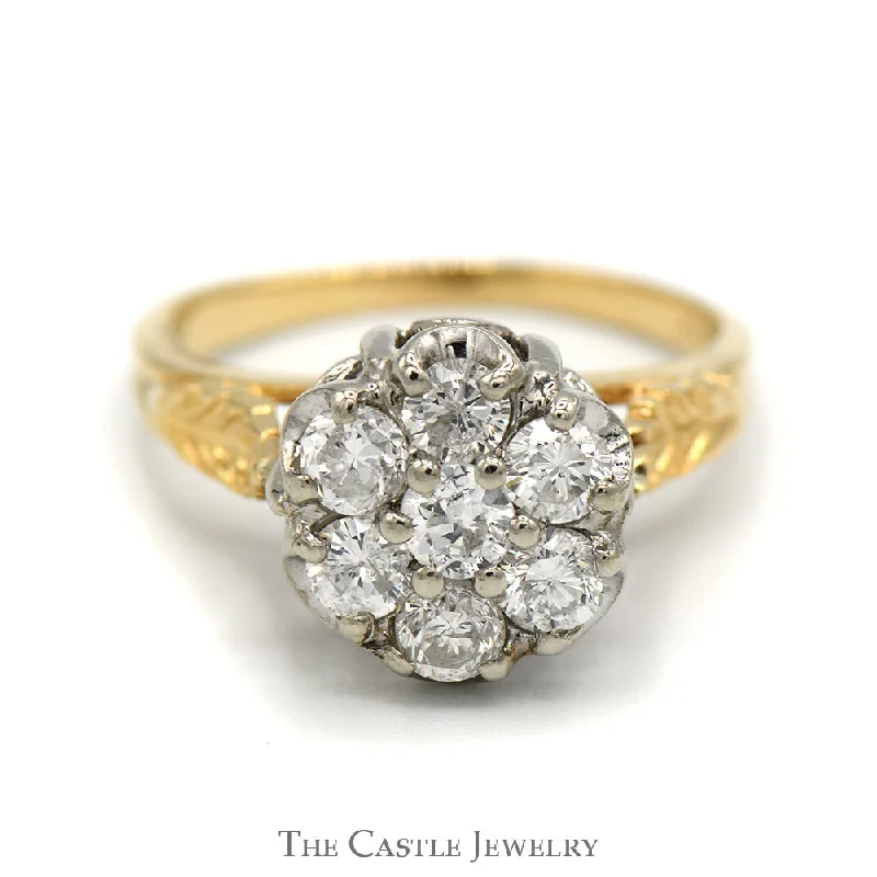 Custom Diamond Wedding Ring-1cttw 7 Round Diamond Cluster Ring with Leaf Designed Sides in 14k Yellow Gold