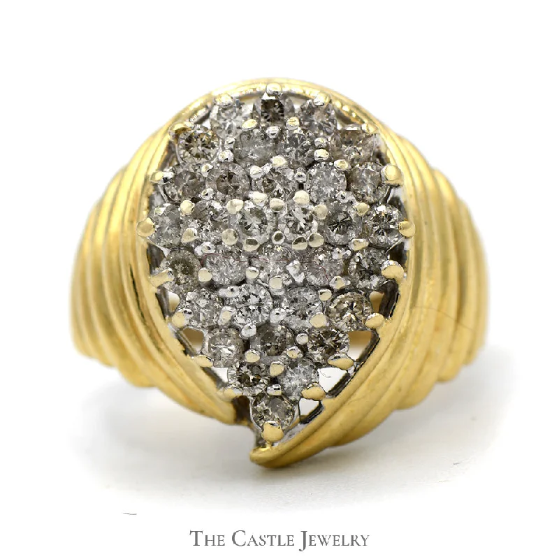 Designer Wedding Ring Set-Pear Shaped 1cttw Round Diamond Cluster Ring with Ridged Sides in 10k Yellow Gold