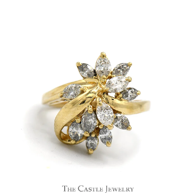 Designer Sapphire Engagement Ring-Starburst Marquise Cut Diamond Cluster Ring in 14k Yellow Gold