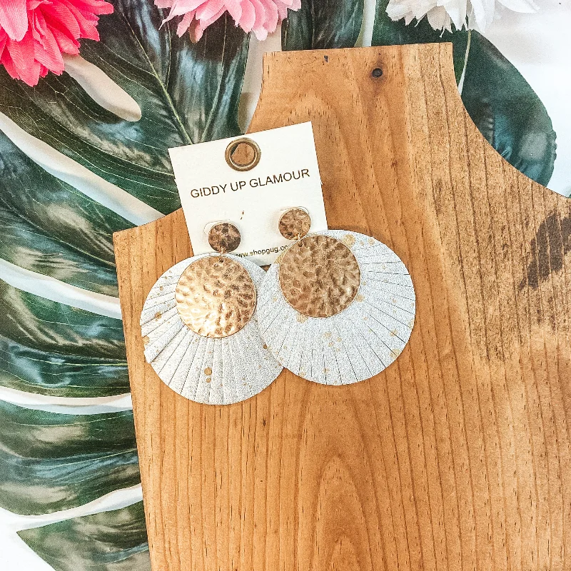 Luxurious Pearl Earrings-Gold Hammered and Leather Fringe Circle Statement Earrings in Silver