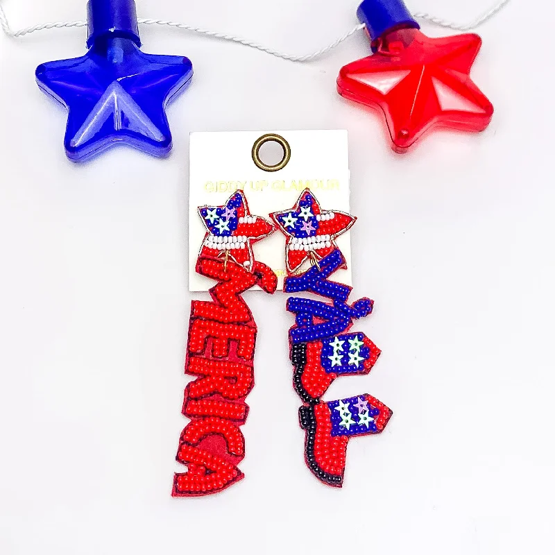 Modern Gold Earrings-'MERICA Y'ALL Beaded Drop Earrings in Red, White, and Blue