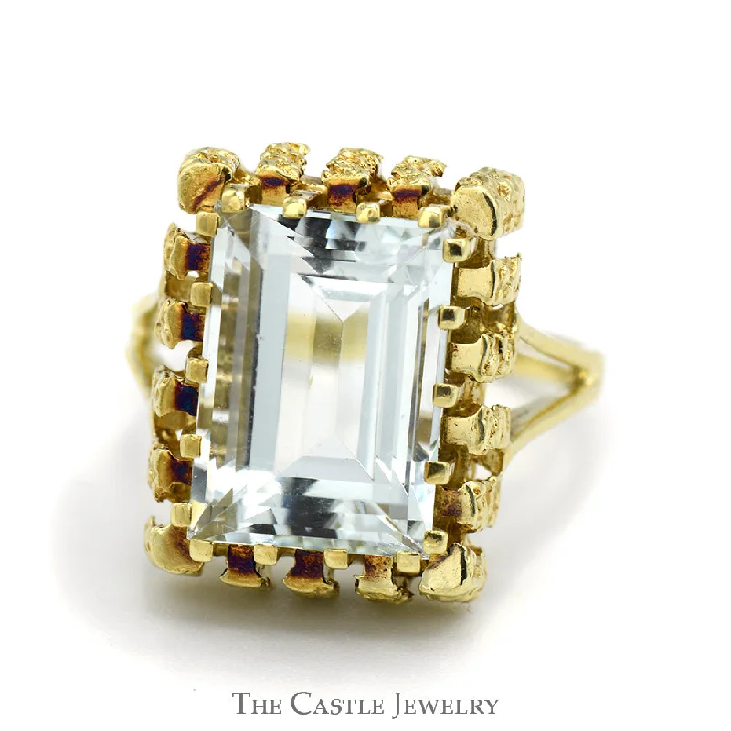 Vintage Diamond Engagement Ring-Emerald Cut Aquamarine Ring in 14k Yellow Gold Nugget Style Bezel