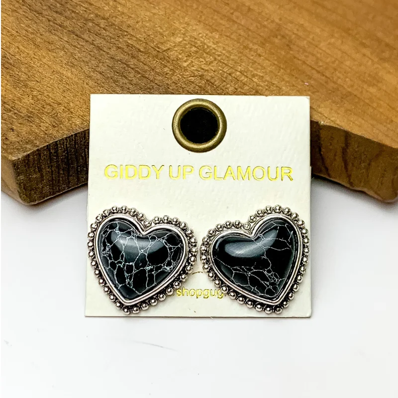 Tiny Huggie Earrings-Black Marbled Heart Stud Earrings with a Silver Tone Trim