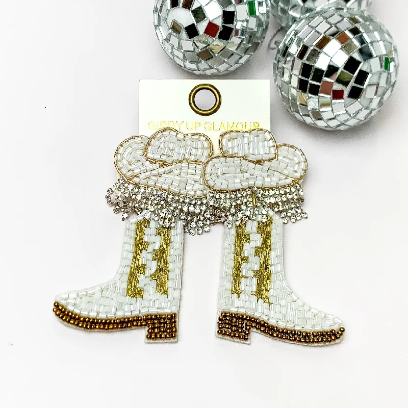 Statement Earrings for Weddings-Beaded Cowboy Hat and Boot Earrings with Clear Crystal Fringe in White