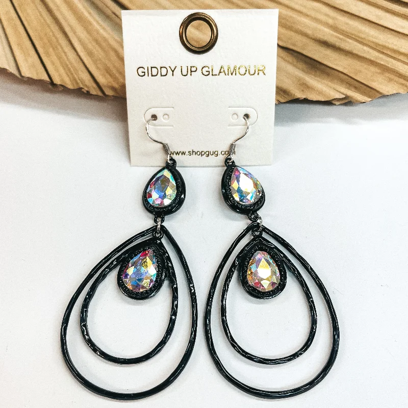 Wedding Earrings with Ruby-Double Teardrop Earrings with AB Crystals in Black