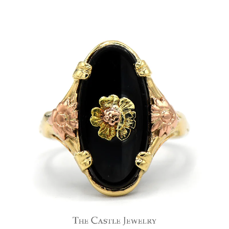 Unique Gemstone Ring for Women-Oval Cut Black Onyx Shield Ring with Two Tone Floral Design in 10k Yellow Gold