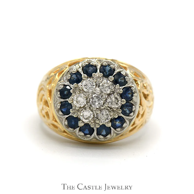 Unique Wedding Ring Set for Bride-Round Sapphire & Diamond Kentucky Cluster Ring with Open Filigree Sides in 14k Yellow Gold