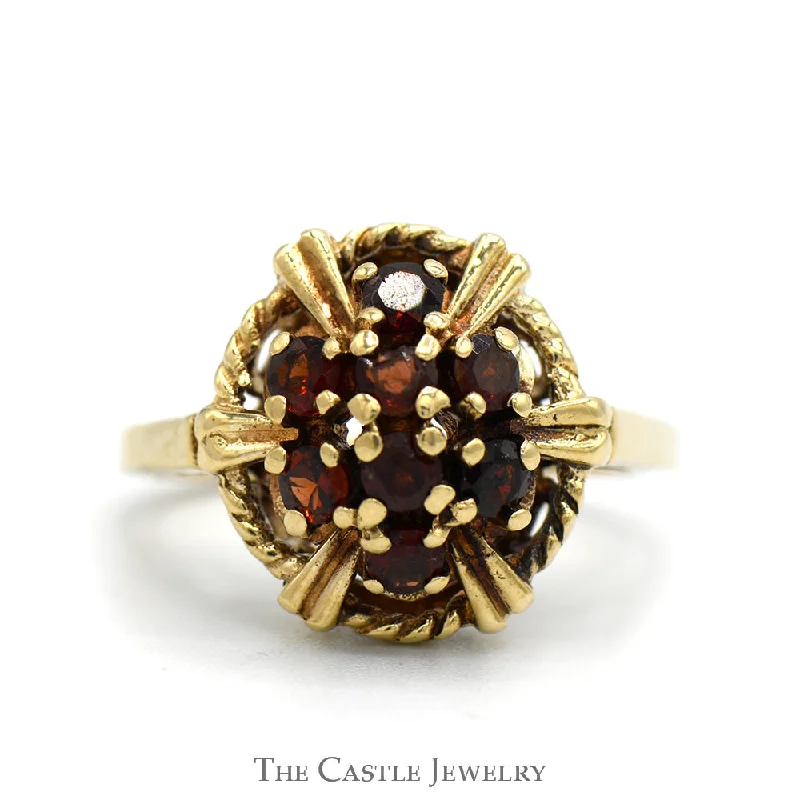 Fashionable Engagement Ring-Garnet Cluster Ring with Rope Designed Bezel in 10k Yellow Gold