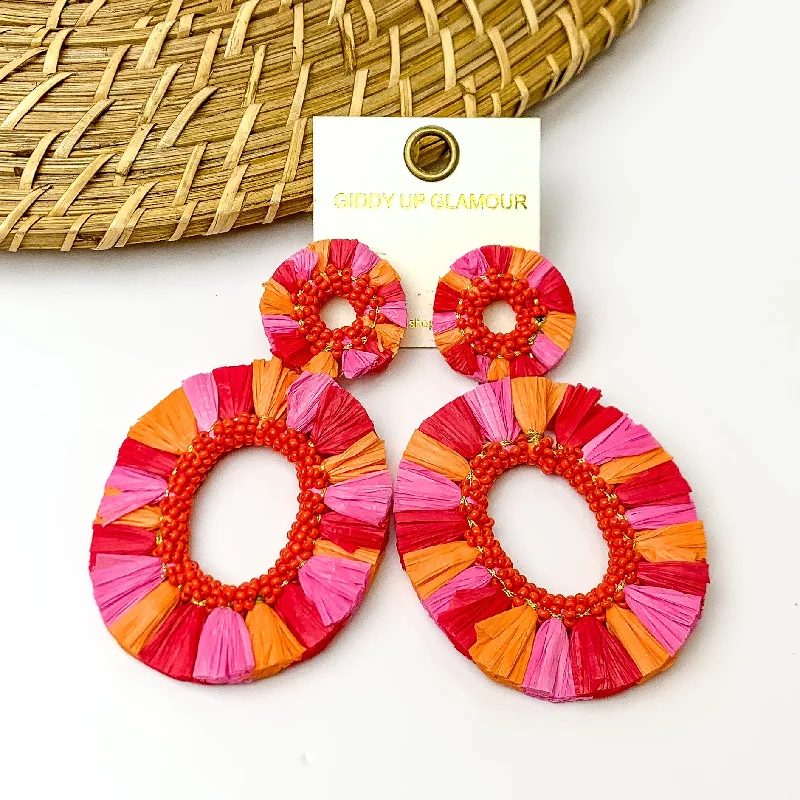 Stylish Hoop Earrings-Siesta Keys Raffia Wrapped Open Oval Earrings in Red, Orange, and Pink