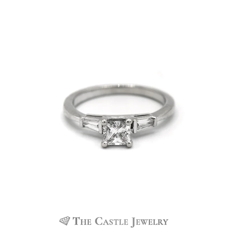 Stackable Engagement Rings-3/4cttw Flawless Diamond Engagement Ring with Baguette Accents in 14K White Gold