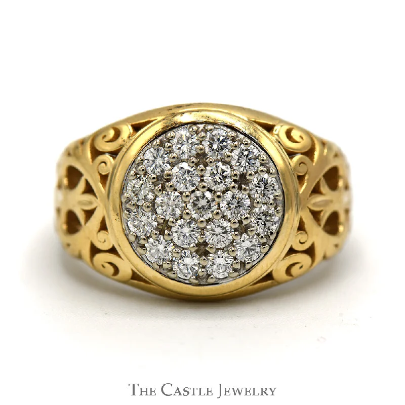 Men's Diamond Engagement Ring-1cttw 19 Diamond Kentucky Cluster Ring with Filigree Sides in 10k Yellow Gold