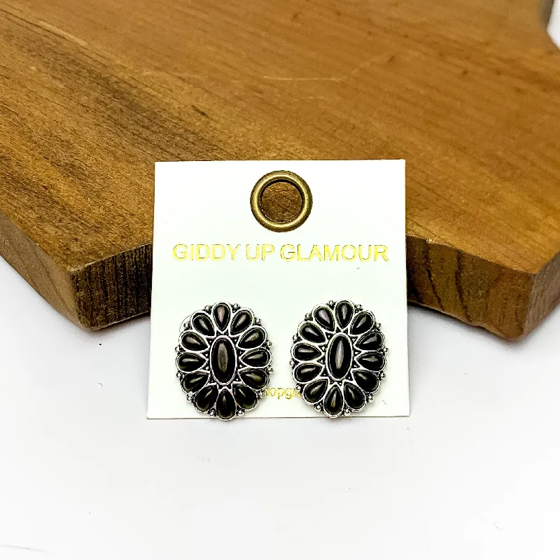 Luxury Bridal Earrings-Silver Tone Concho Cluster Oval Earrings in Black