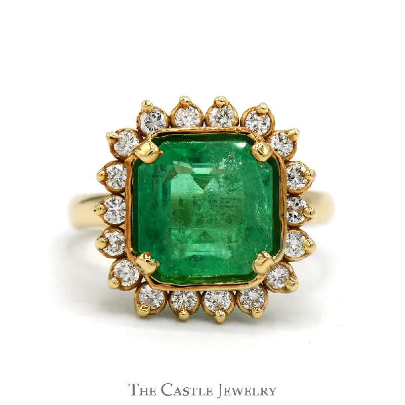 Gemstone Wedding Ring for Men-Large Cushion Cut Emerald Ring with Diamond Halo in 14k Yellow Gold