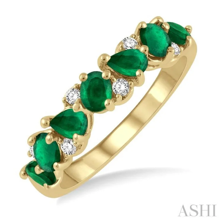 Custom Name Ring-1/10 ctw Pear and Oval Shape 4X3MM Emerald and Round Cut Diamond Precious Band in 14K Yellow Gold