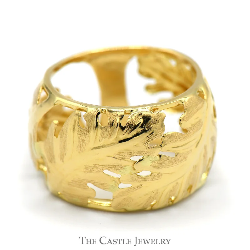 Unique Wedding Ring Set for Couples-Wide Open Leaf Designed Band in 14k Yellow Gold - Size 7