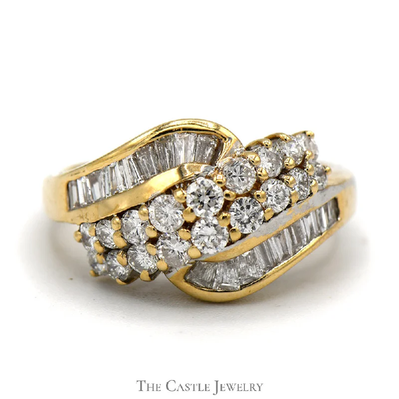 Birthstone Ring for Women-Bypass Designed 1cttw Round and Baguette Diamond Cluster Ring in 14k Yellow Gold